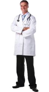 a man in a white lab coat and black pants