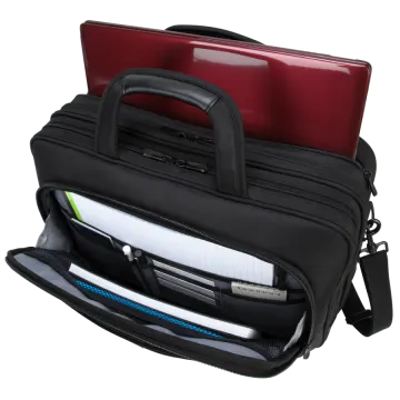 a black briefcase with a red handle