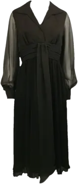 a black dress with sheer sleeves and a belt