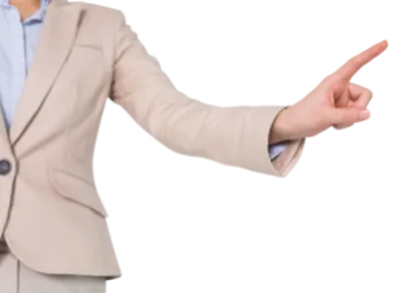 a woman in a business suit is pointing at something