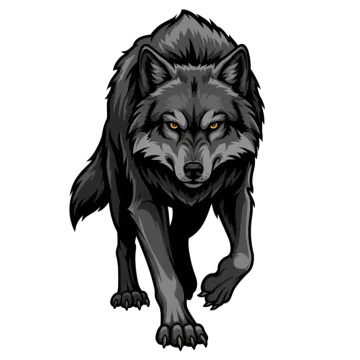 a black wolf running with orange eyes