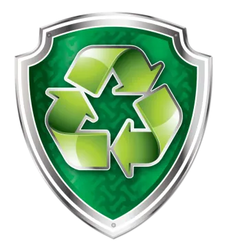 a green shield with a recycling symbol on it