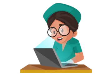 a woman sitting at a desk with a laptop