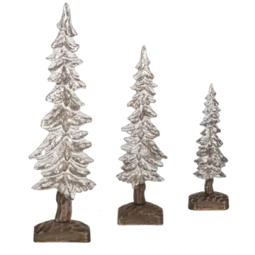 three silver christmas trees on a white background