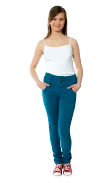 a young girl in a white tank top and blue jeans