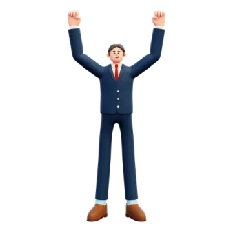 a man in a suit with his arms up