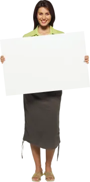 a woman holding up a white sign