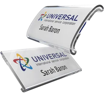 a silver business card holder with a logo on it
