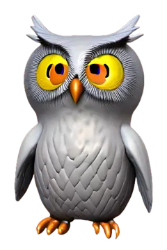 an owl with yellow eyes sitting on a white background