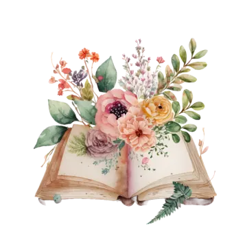 an open book with flowers and leaves on it