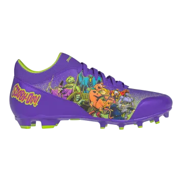 a pair of purple soccer shoes with cartoon characters on them
