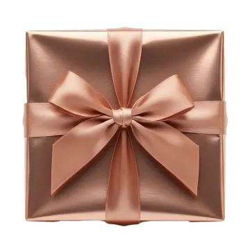 a rose gold gift box with a large bow