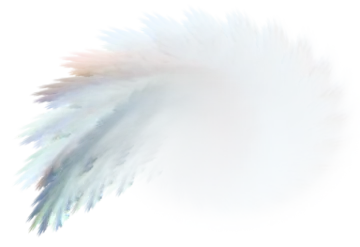 a white and blue feather flying in the air