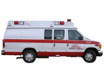 a white ambulance van with red and white stripes