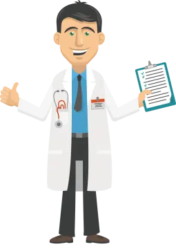a cartoon character of a doctor holding a clipboard