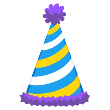 a party hat with purple and yellow stripes