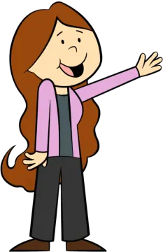 a woman with long brown hair pointing at something