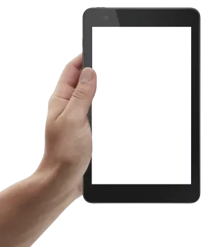 a hand holding an ipad with a white screen