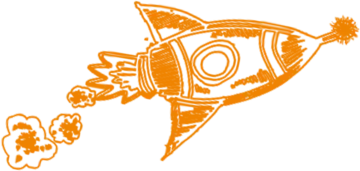 an orange and white drawing of a rocket