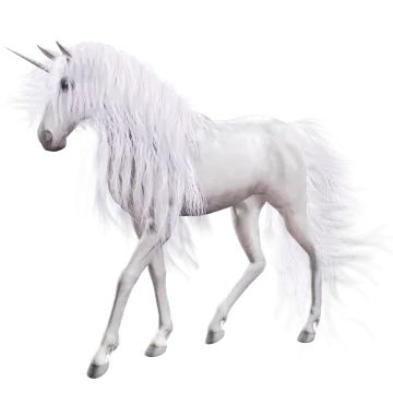 a white unicorn with long hair walking