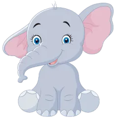 an elephant with blue eyes sitting down