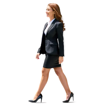 a woman in a suit and heels walking