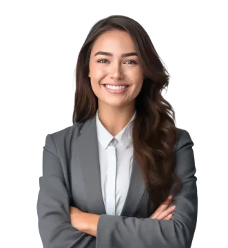 a woman in a business suit with her arms crossed