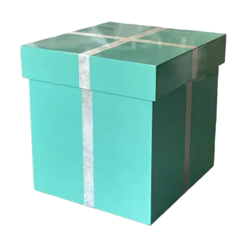 a green gift box with a silver ribbon