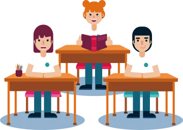 three students sitting at desks with books