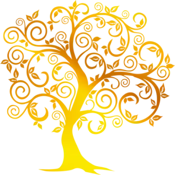 a yellow tree with swirls and leaves