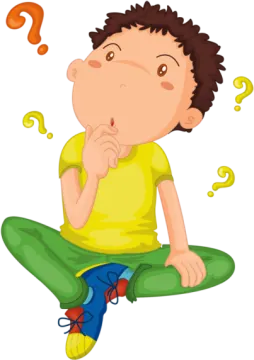 a boy sitting on the floor with question marks