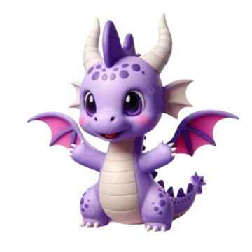 a purple and white toy dragon sitting on a white surface