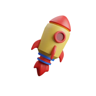 a red and yellow toy rocket on a white background
