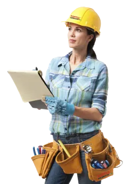 a woman in a hard hat holding a clipboard