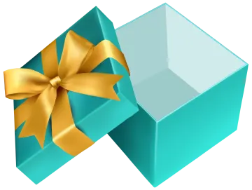 a blue gift box with a gold bow