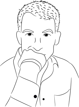a black and white drawing of a man with his hand on his chin