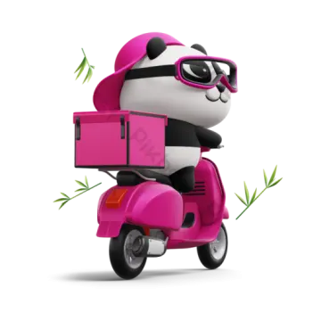 a panda is riding on a pink moped motor