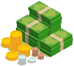 a pile of money and coins