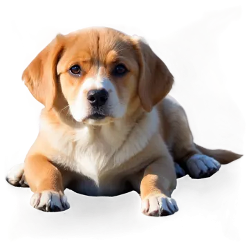 a brown and white dog laying on a white surface