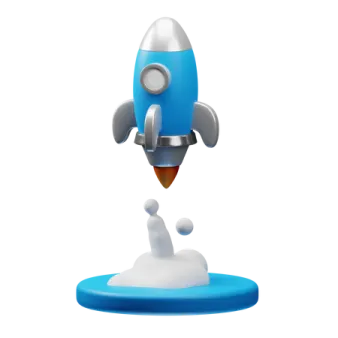 a blue and white toy rocket flying through the air