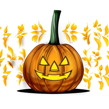 a halloween pumpkin with leaves around it