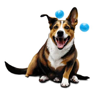 a brown and white dog with blue balls on its head