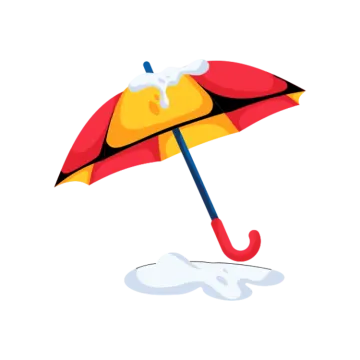 a red and yellow umbrella sitting in the snow