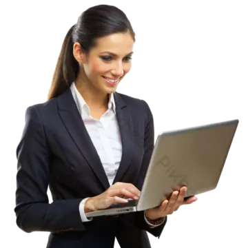a woman in a business suit holding a laptop