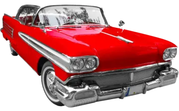 a red classic car is shown in this image