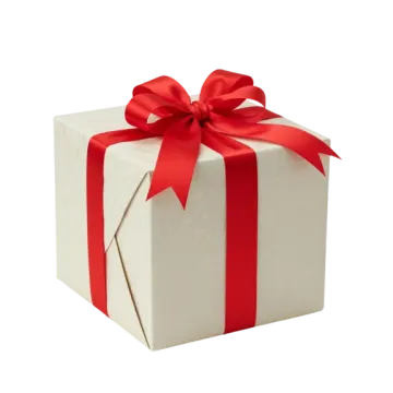 a white gift box with red ribbon
