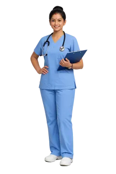 a woman wearing scrubs and holding a clipboard