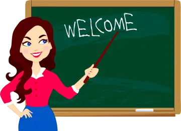 a woman standing in front of a blackboard with the word welcome