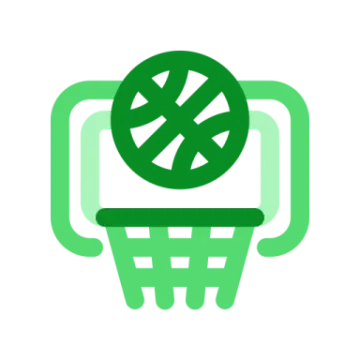 a green and white icon of a basketball ball in a basket