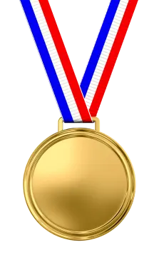 a gold medal with red, white and blue ribbons